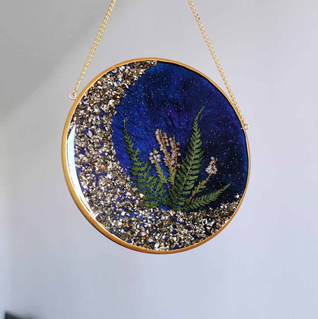 Gold Moon Wall Art Round Wall Decor Flowers Frame Pressed Etsy
