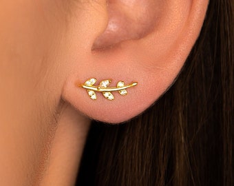 Paar Sterling Silver Tiny Leaf Stud Oorbellen in goud, Crystal Stud Oorbellen, sierlijke minimalistische sieraden, cadeau voor haar