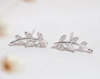 Tiny Leaf Stud Earrings in Gold or Silver, Skinny Crystal Olive Leaf Earrings, Minimalist Earrings