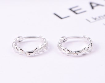 Sterling Silver Leaf Huggie Hoop Earrings, Silver 2 Piece Huggie Hoop Earrings, Dainty Minimalist Jewellery