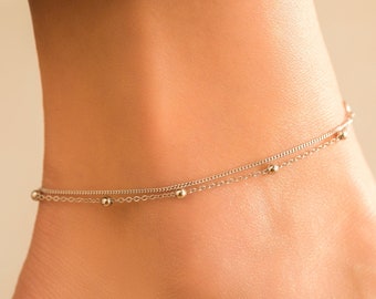 Sterling Silver Ankle Bracelet, Double Beaded Chain, Silver Anklet, Handmade Jewellery, Dainty Minimalist, Gift For Her
