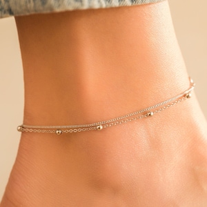 Sterling Silver Ankle Bracelet, Double Beaded Chain, Silver Anklet, Handmade Jewellery, Dainty Minimalist, Gift For Her