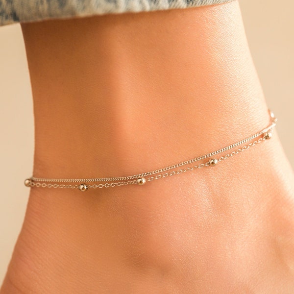 Bracelet de cheville en argent sterling, chaîne double perlée, chaîne de cheville en argent, bijoux faits main, minimaliste délicat, cadeau pour elle