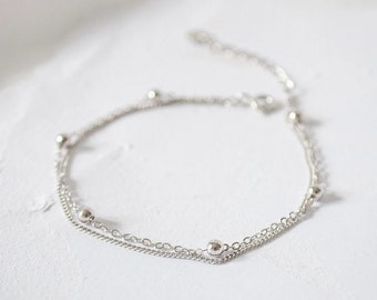 Sterling Silver Double Beaded Bracelet, Beaded Dainty Minimalist Bracelet, Gift For Her, Valentines Gift