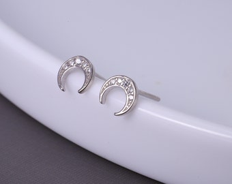 Minimalist Half Moon Stud Earrings in Sterling Silver, Moon Earrings with CZ Crystals - Available in Gold and Silver