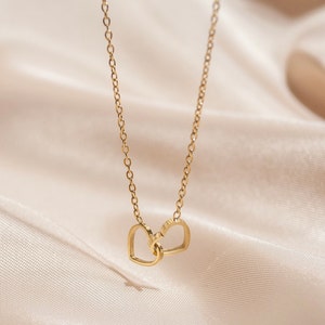 Double Heart Intertwined Necklace in Gold & Silver, Linked Love Hearts Necklace, Silver Heart Necklace, Gold Heart Necklace