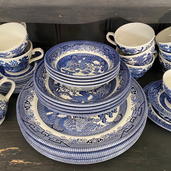 Vintage Set of Blue & White Old Willow Pattern by Churchill - Various