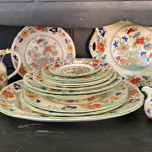 Rare Vintage Mason&#39;s Ironstone China in Green &#39;Bible&#39; Pattern - Various Pieces