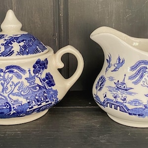 Old Willow Blue and White Milk Jug/Creamer and Lidded Sugar Bowl