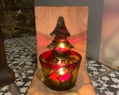 Festive Christmas tree wooden candle holder stand with painted glass tealight and mirror