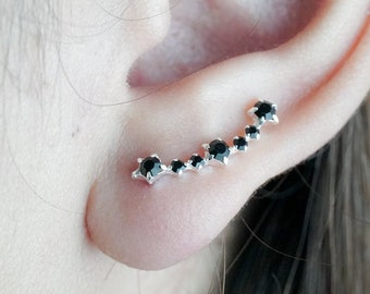 Sterling Silver Black Crystal Ear Climber Earrings