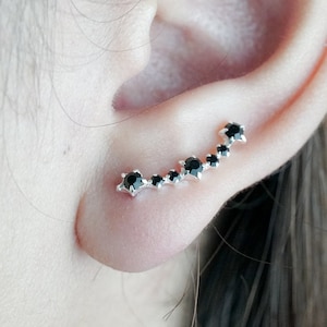 Ear Climber Earrings, Crawler Earrings, Sterling Silver Crystal Glass Ear Pins,Black Ear Pins with 925 Sliver ,Gift for Her