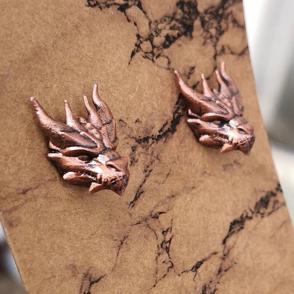 Hand Painted 3D Printed Stainless Steel & Resin Dragon Stud Earrings For Men, Bronze Coloured Large Gothic Dragon Head Studs For Women