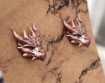 Hand Painted 3D Printed Stainless Steel & Resin Dragon Stud Earrings For Men, Bronze Coloured Large Gothic Dragon Head Studs For Women