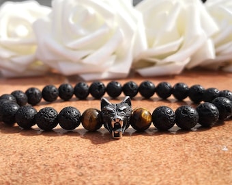 Stainless Steel Wolf Head Bead Stretch Bracelet, 8mm Black Lava Stone & Tiger's Eye Silver Wolf Bead Stretchy Bracelet, Handmade Bracelet UK