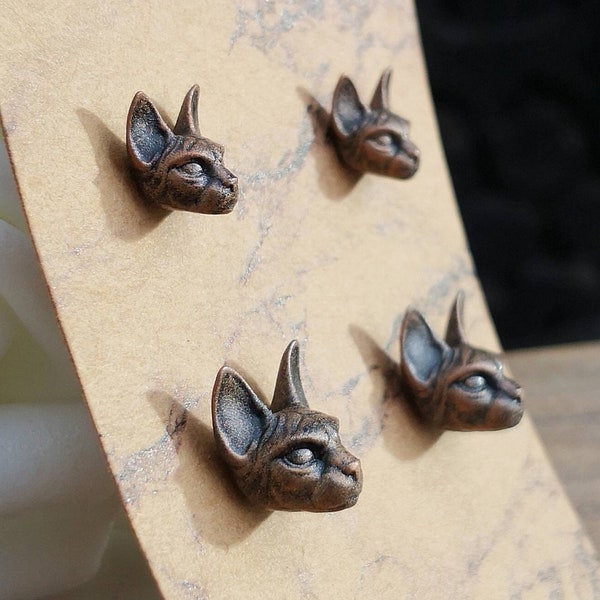 Hand Painted 3D Printed Stainless Steel & Resin Sphynx Cat Stud Earrings, Unique Copper Coloured Egyptian Cat Head Large Stud Post Earrings