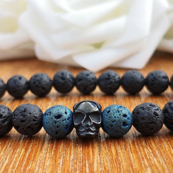 Metallic Blue & Black Lava Stone Skull Bracelet, Stainless Steel Skull Beaded Bracelet For Men, Gothic Gift For Him, Alternative Jewellery