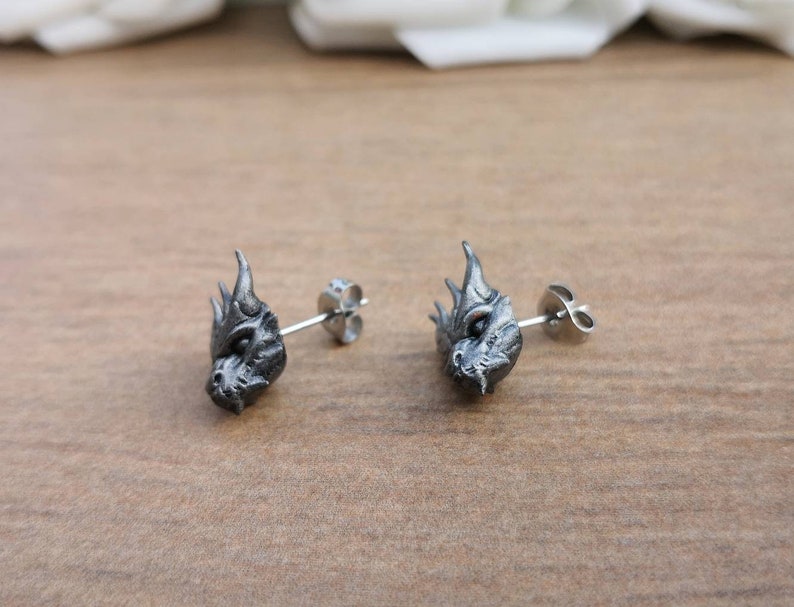 Handpainted 3D Printed Stainless Steel & Resin Dragon Stud Earrings, Silver Coloured Large Stud Post Earrings, Fantasy Gothic Steampunk image 5