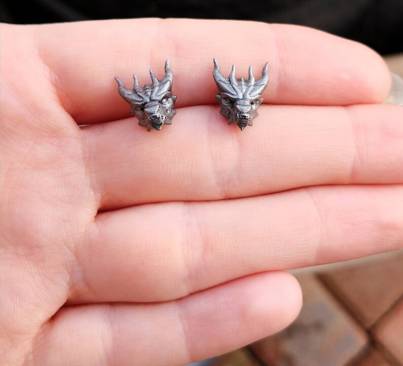 Handpainted 3D Printed Stainless Steel & Resin Dragon Stud Earrings, Silver Coloured Large Stud Post Earrings, Fantasy Gothic Steampunk image 2