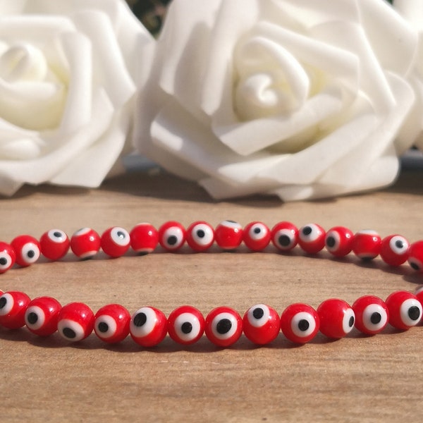 Red Evil Eye Bead Bracelet For Women, Red Lucky Eye Stretchy Beaded Bracelet For Men, Greek Turkish Nazar Protection, Handmade Bracelet UK