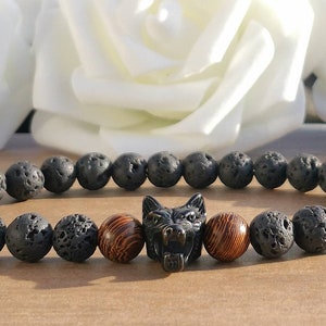 Stainless Steel Wolf & Black Lava Rock Beaded Stretch Bracelet, 8mm Natural Black Stone Wolf Head Bead Stretchy Stacking Bracelet