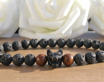 Stainless Steel Wolf & Black Lava Stone Bracelet, 8mm Chunky Stone Bracelet For Men, Stretchy Black Wolf Bracelet For Women, Viking Gothic