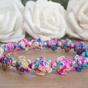 Pink White & Blue Turtle Bead Stretch Bracelet, Chunky Turtle Beaded Stretchy Boho Bracelet, Elasticated Tortoise Bracelet For Men And Women
