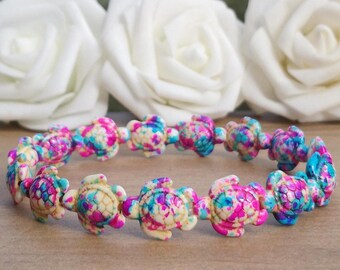 Pink White & Blue Turtle Bead Stretch Bracelet, Chunky Turtle Beaded Stretchy Boho Bracelet, Elasticated Tortoise Bracelet For Men And Women