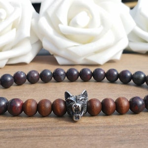 Bloodstone & Silver Stainless Steel Wolf Bead Stretch Bracelet, 8mm Stone And Wood Wolf Head Beaded Stretchy Bracelet, Handmade Bracelet UK
