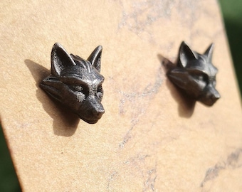 Handpainted 3D Printed Stainless Steel & Resin Wolf Stud Earrings, Silver Coloured Large 10mm Stud Post Earrings, Viking Gothic Steampunk