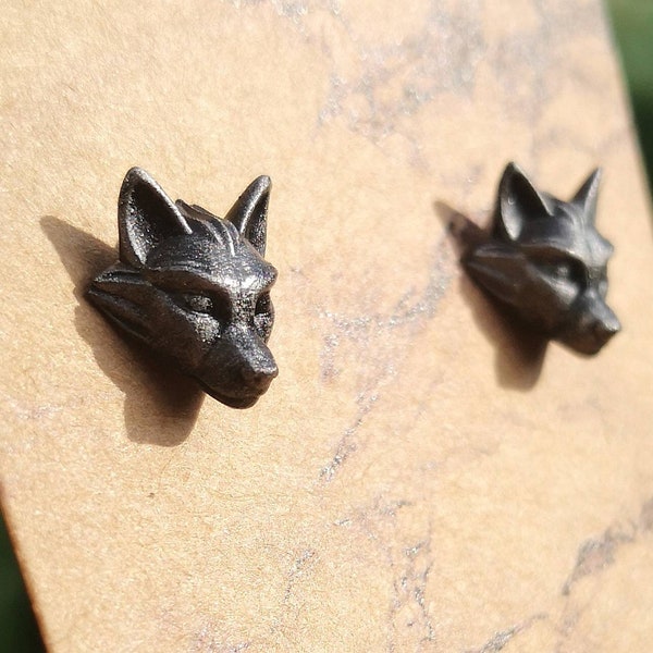 Handpainted 3D Printed Stainless Steel & Resin Wolf Stud Earrings, Silver Coloured Large 10mm Stud Post Earrings, Viking Gothic Steampunk