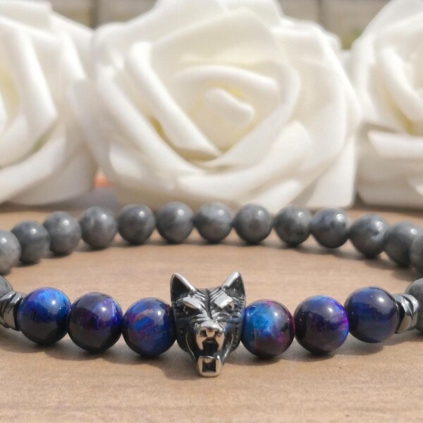Grey Larvikite & Purple Tiger's Eye Wolf Head Bracelet, 8mm Stone And Stainless Steel Wolf Bracelet For Men And Women, Handmade Bracelet UK