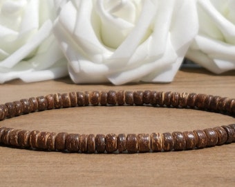 Natural Dark Coconut Shell Beaded Bracelet For Men, Dainty Stretchy Coconut Heishi Bracelet For Women, Rustic Boho Wooden Stacking Bracelet