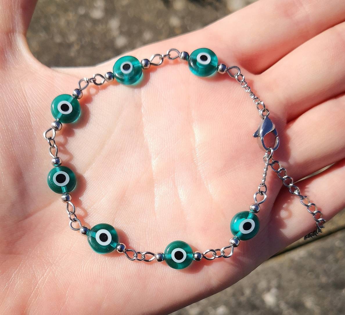 Dainty Lucky Eye Bracelet For Women Teal Evil Eye Chain Bracelet Green Blue Turkish Greek Stainless Steel Glass Nazar Protection Bracelet