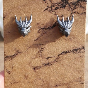 Handpainted 3D Printed Stainless Steel & Resin Dragon Stud Earrings, Silver Coloured Large Stud Post Earrings, Fantasy Gothic Steampunk image 3