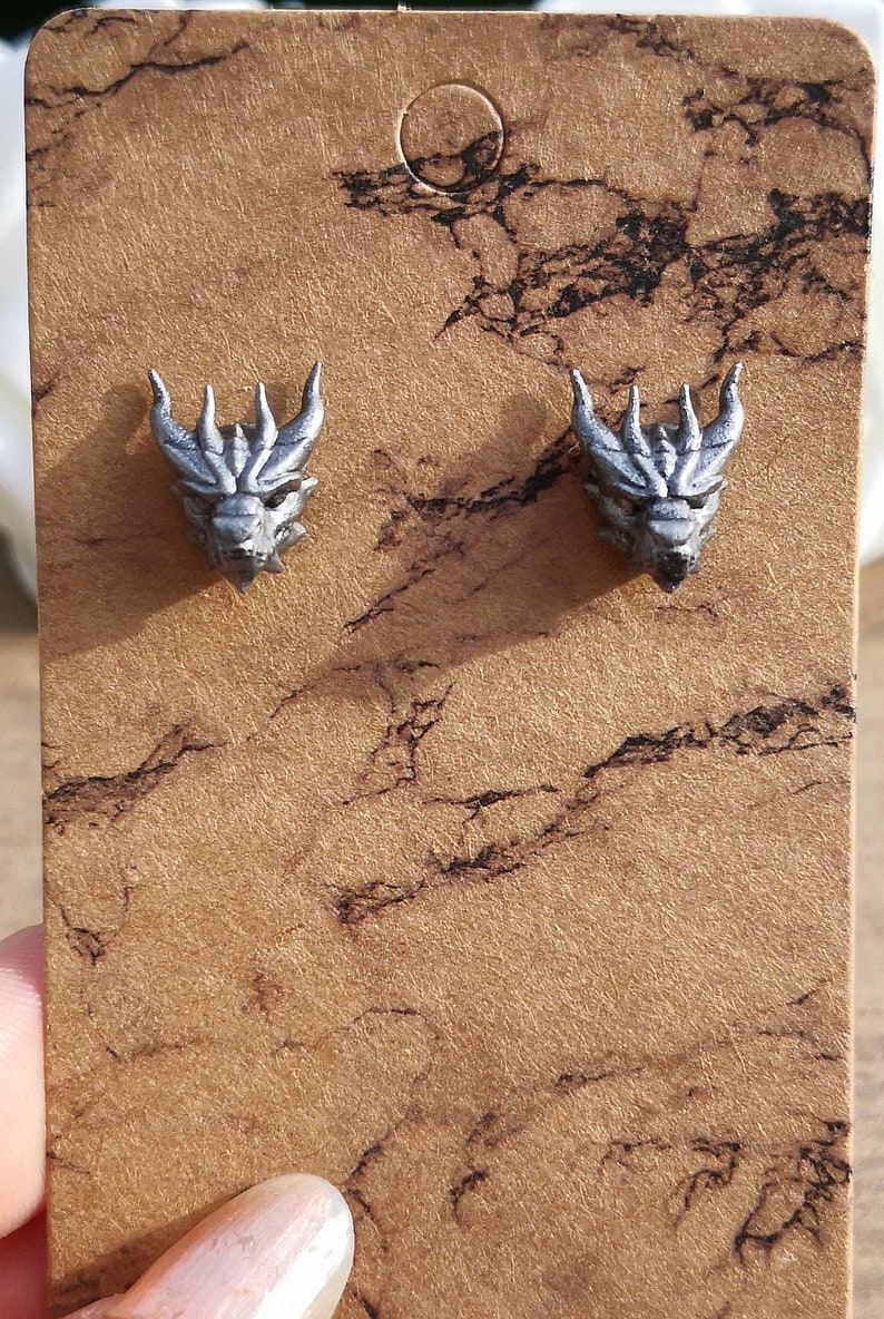 Handpainted 3D Printed Stainless Steel & Resin Dragon Stud Earrings, Silver Coloured Large Stud Post Earrings, Fantasy Gothic Steampunk image 3