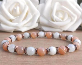 White Moonstone & Sunstone Bead Stretch Bracelet, 7.5mm - 8mm Natural Stone Beaded Stretchy Bohemian Stacking Bracelet, Handmade Bracelet UK