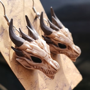 Hand Painted 3D Printed Realistic Dragon Skull Hanging Earrings, Stainless Steel & Resin Large Gothic Dragon Bone Dangle Earrings For Women
