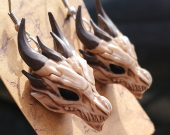 Hand Painted 3D Printed Realistic Dragon Skull Hanging Earrings, Stainless Steel & Resin Large Gothic Dragon Bone Dangle Earrings For Women