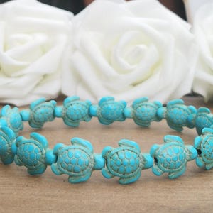 Blue Turtle Bead Stretch Bracelet, Chunky Imitation Howlite Turtle Beaded Stretchy Stacking Bracelet For Men And Women, Handmade Bracelet UK