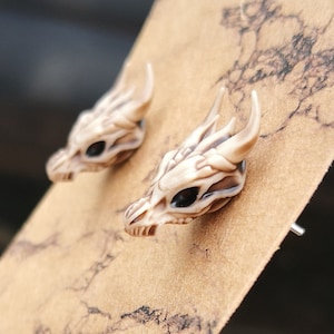 Hand Painted 3D Printed Stainless Steel & Resin Dragon Skull Earrings, Aged Bone Effect Large Dragon Head Studs, Unique Handmade Earrings UK