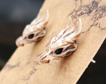 Hand Painted 3D Printed Stainless Steel & Resin Dragon Skull Earrings, Aged Bone Effect Large Dragon Head Studs, Unique Handmade Earrings UK
