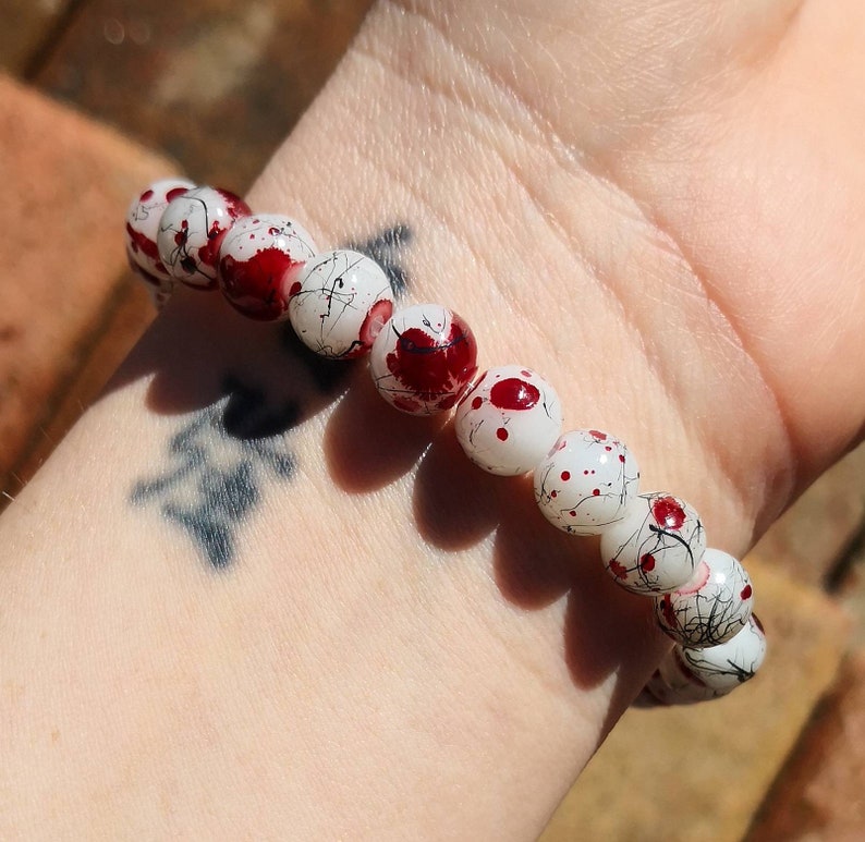 Blood Spatter Bracelet, Blood Splatter Bracelet, 8mm Glass Beaded Bracelet, Halloween Bracelet, Emo Horror Gore Punk Goth, Men Women Unisex image 4