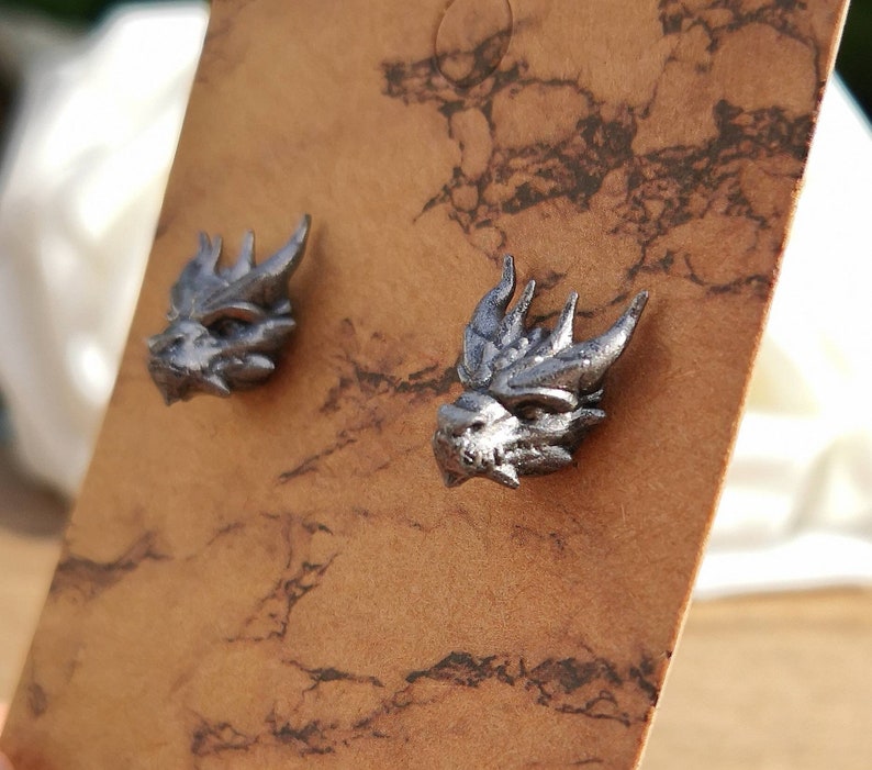 Handpainted 3D Printed Stainless Steel & Resin Dragon Stud Earrings, Silver Coloured Large Stud Post Earrings, Fantasy Gothic Steampunk image 8