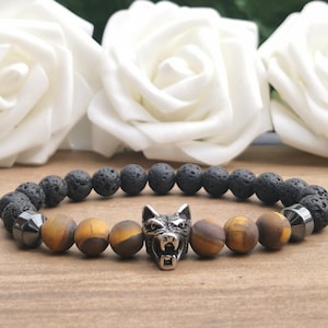 Black Lava Stone & Frosted Tigers Eye Wolf Head Bead Bracelet, 8mm Stainless Steel And Natural Stone Beaded Wolf Stretchy Bracelet For Men