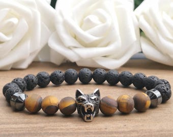 Black Lava Stone & Frosted Tigers Eye Wolf Head Bead Bracelet, 8mm Stainless Steel And Natural Stone Beaded Wolf Stretchy Bracelet For Men