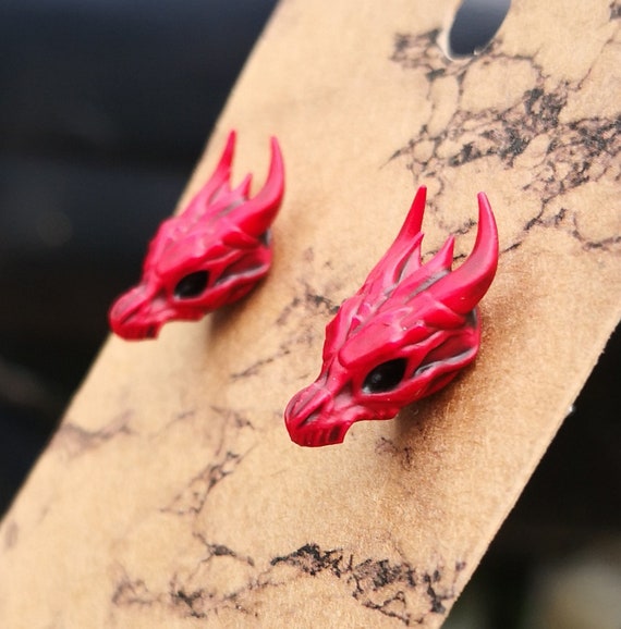 Hand Painted 3D Printed Stainless Steel & Resin Red Dragon Skull Earrings, Realistic Dragon Head Push Back Studs, Handmade Earrings UK