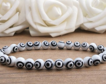 White & Black Glass Evil Eye Beaded Bracelet For Men, Lampwork Glass Lucky Eye Stretchy Protection Bracelet For Women, Handmade Bracelet UK