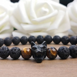 Tiger's Eye & Black Lava Rock Stainless Steel Wolf Head Bead Stretch Bracelet, 8mm Natural Stone Black Wolf Bead Stretchy Stacking Bracelet