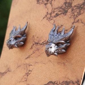 Handpainted 3D Printed Stainless Steel & Resin Dragon Stud Earrings, Silver Coloured Large Stud Post Earrings, Fantasy Gothic Steampunk